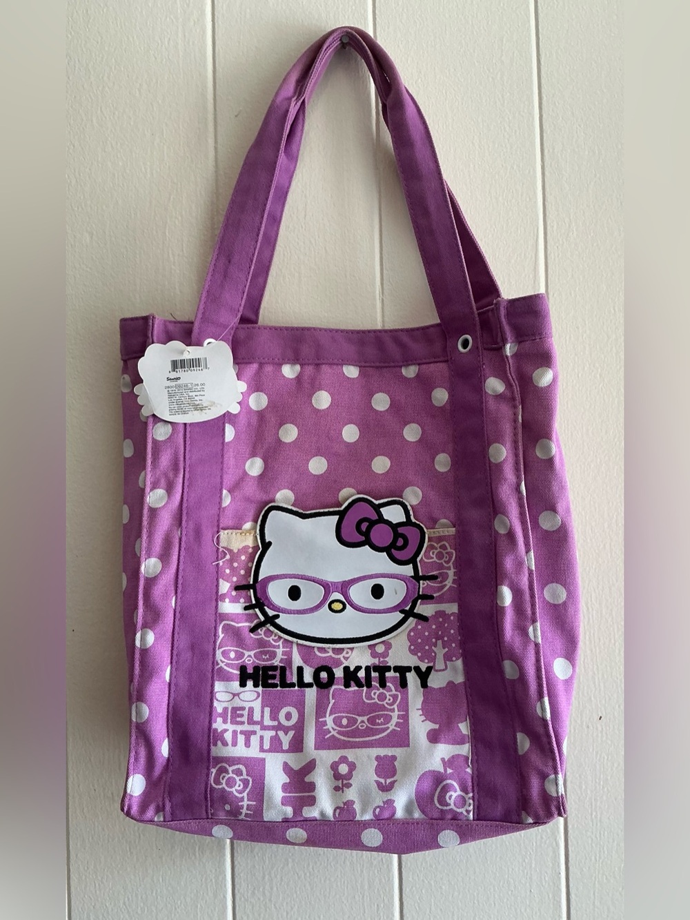 Rare Vintage Sanrio 2010 Hello Kitty Cotton purple nerd Large Tote Handbag Bag